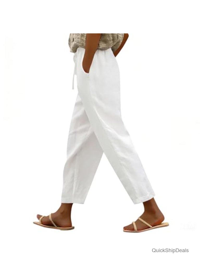 Cotton Linen Blend Capri Pants With Pockets, Drawstring Waist